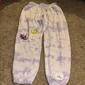 Women's  Tie-Dye Purple Sweatpants with patches graphics and embroidered message